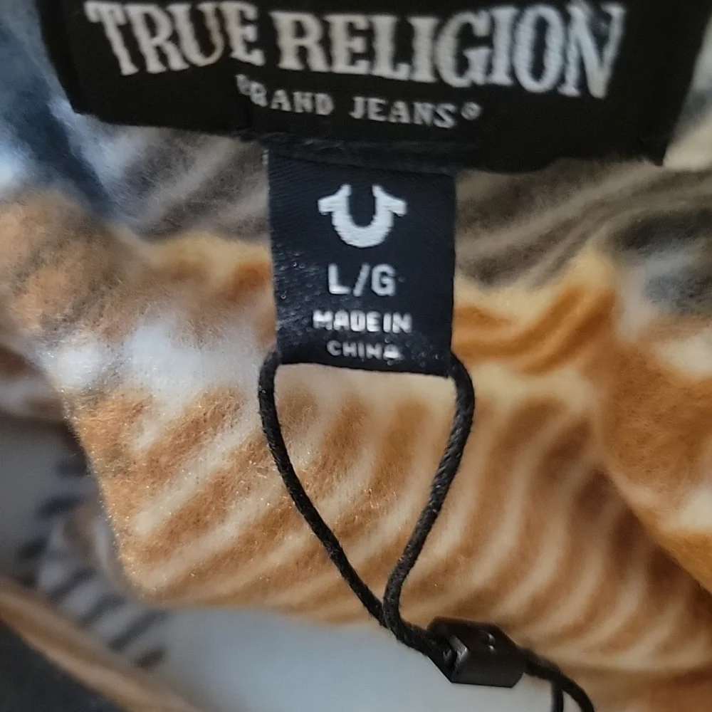 True Religion Polar Fleece Shacket Mens Large Brown‎ Gray Allover Gometric NWT